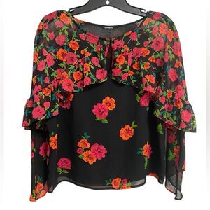 Express Women's Floral Ruffled Blouse Size S Sheer Long Sleeve Boho Artsy Y2K
